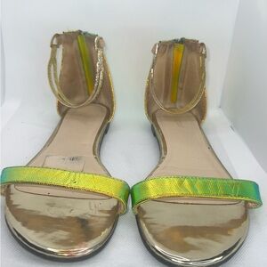 Iridescent Mermaid Ankle Strap Flat Sandals‎ Women's Gold Green Blue Size 8